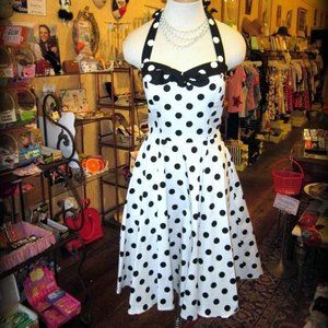Classic 1950s Black & White Polka Dot Halter Dress
